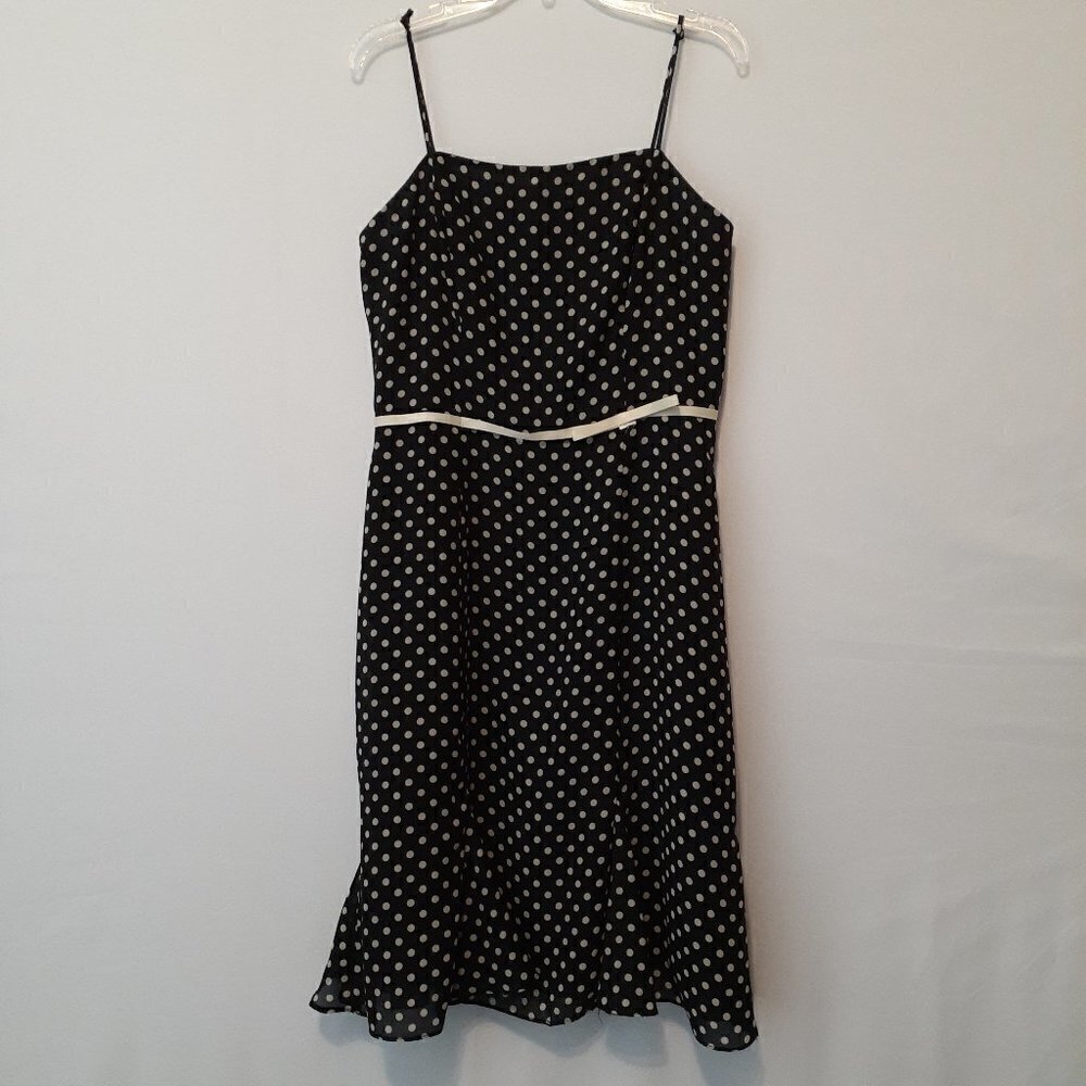 CDC Spaghetti Strap, Black w White Polka Dot Short Fit & Flare Dress; Size 6